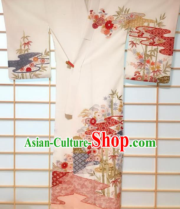 Japanese Traditional Chrysanthemum Bamboo Pattern Beige Tsukesage Kimono Japan Yukata Dress Costume for Women