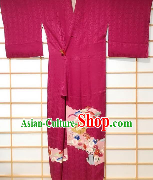Japanese Traditional Chrysanthemum Pattern Rosy Uchikake Kimono Japan Yukata Dress Costume for Women