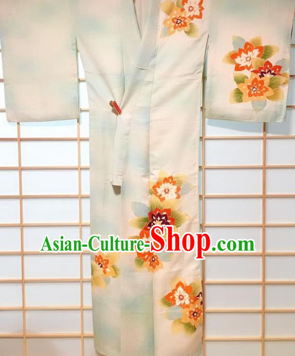 Japanese Traditional Flowers Pattern Light Blue Silk Tsukesage Kimono Japan Yukata Dress Costume for Women