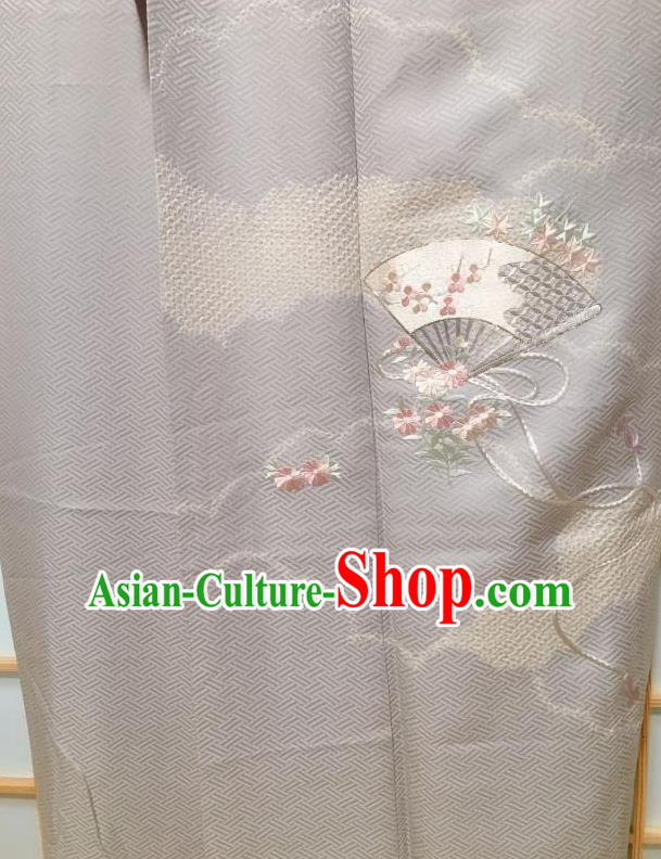 Japanese Traditional Embroidered Grey Tsukesage Kimono Japan Yukata Dress Costume for Women
