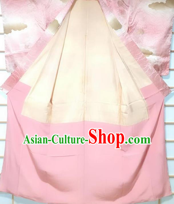 Japanese Classical Butterfly Pattern Pink Silk Kimono Japan Traditional Yukata Dress Costume for Women