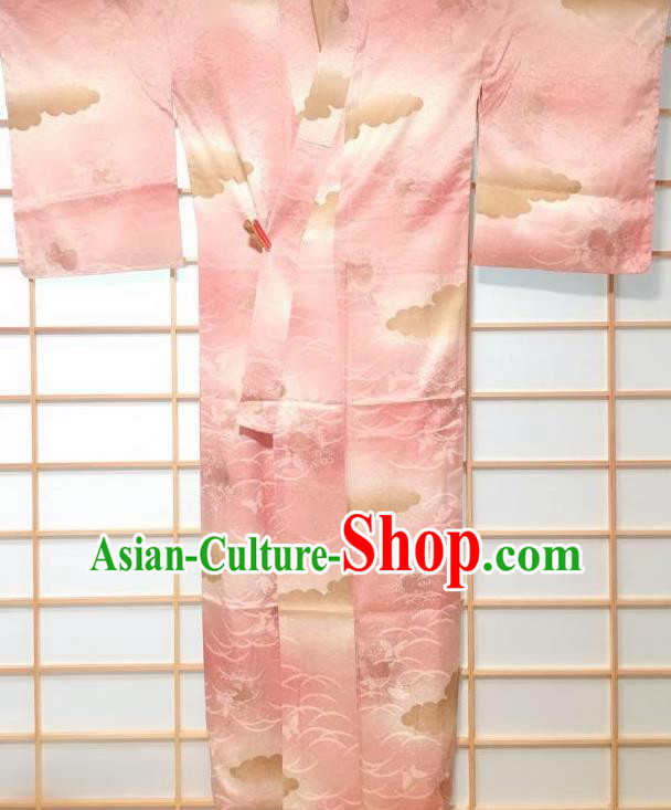 Japanese Classical Butterfly Pattern Pink Silk Kimono Japan Traditional Yukata Dress Costume for Women