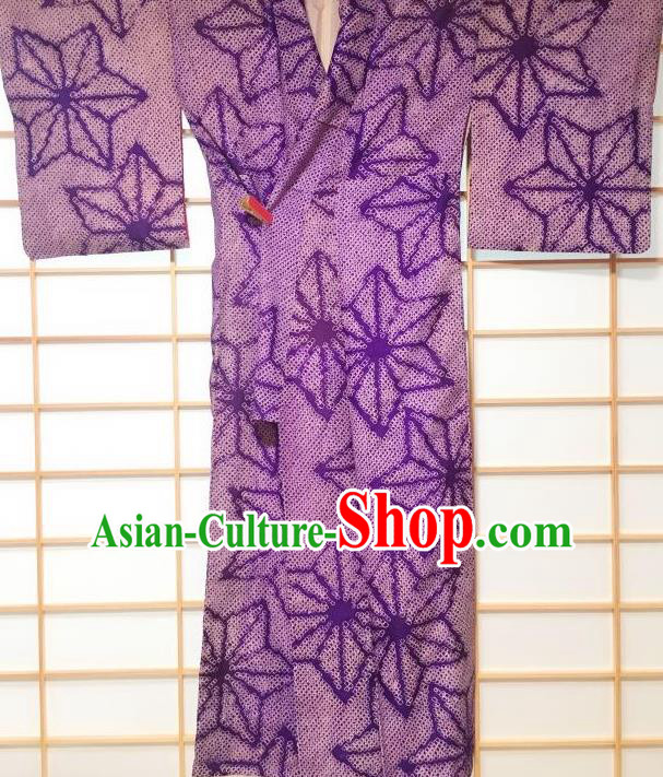 Japanese Classical Murraya Koenigii Pattern Purple Kimono Japan Traditional Yukata Dress Costume for Women