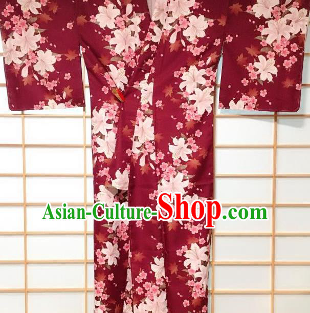 Traditional Japanese Geisha Printing Lily Flowers Amaranth Furisode Kimono Japan Yukata Dress Costume for Women