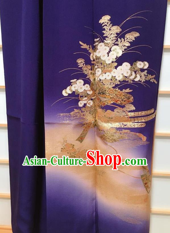 Japanese Classical Daisy Pattern Deep Blue Tsukesage Kimono Japan Traditional Yukata Dress Costume for Women