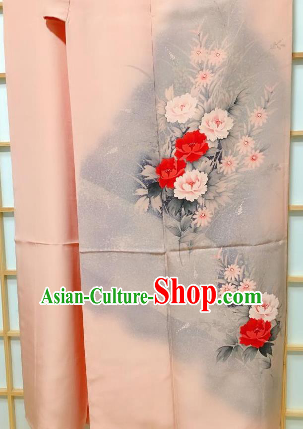 Japanese Classical Printing Peony Pink Tsukesage Kimono Japan Traditional Yukata Dress Costume for Women