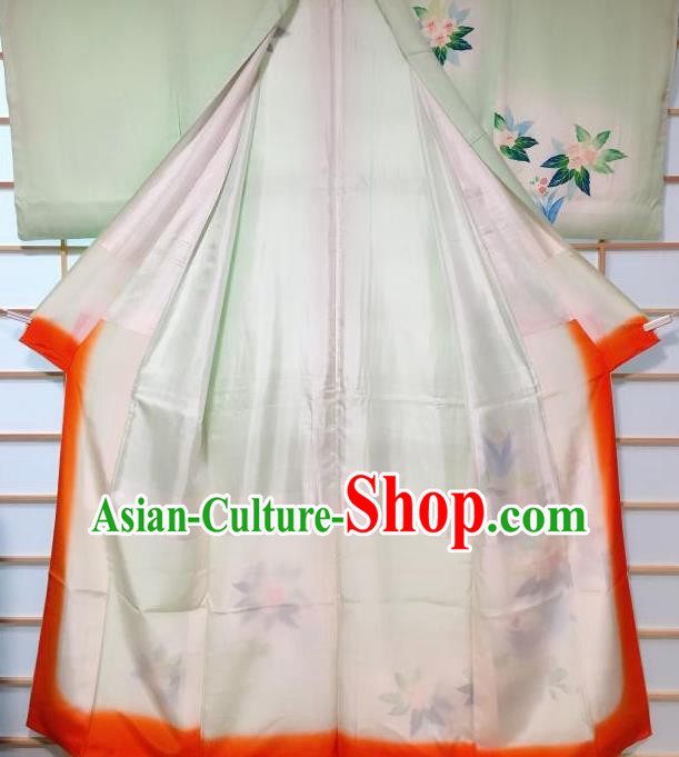 Japanese Classical Printing Flowers Light Green Silk Tsukesage Kimono Japan Traditional Yukata Dress Costume for Women
