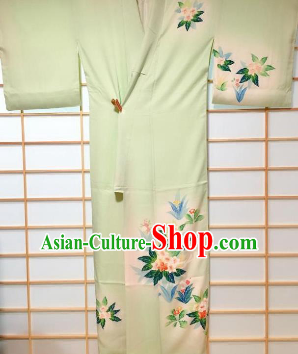 Japanese Classical Printing Flowers Light Green Silk Tsukesage Kimono Japan Traditional Yukata Dress Costume for Women