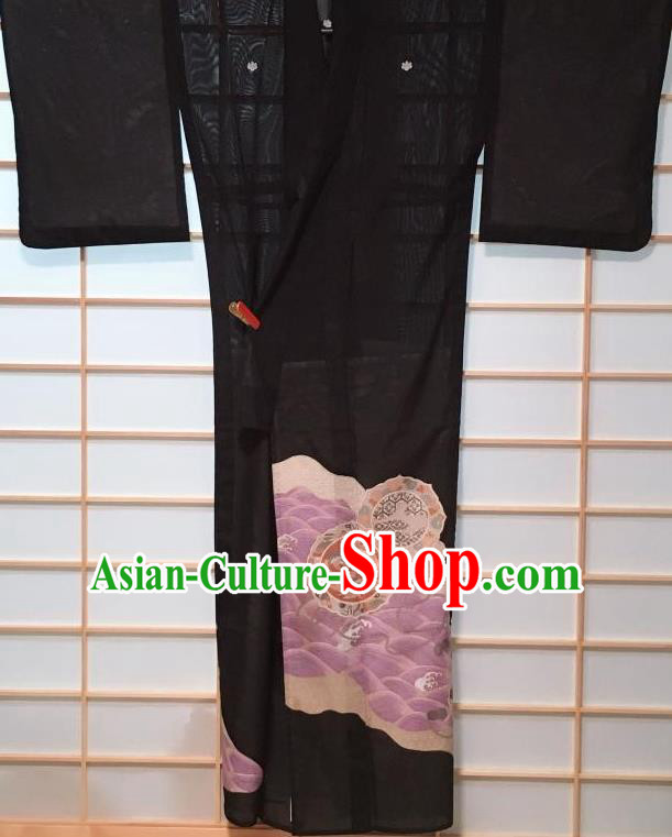 Japanese Classical Printing Phoenix Black Kurotomesode Kimono Japan Traditional Yukata Dress Costume for Women
