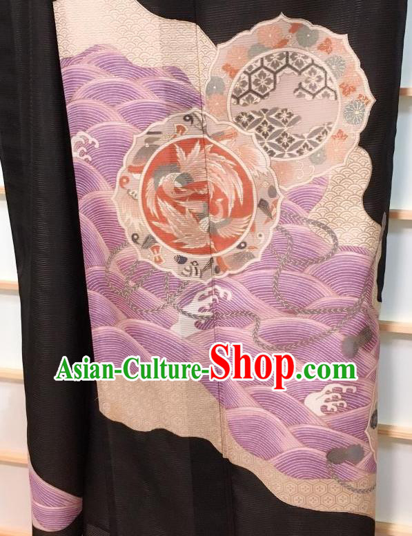 Japanese Classical Printing Phoenix Black Kurotomesode Kimono Japan Traditional Yukata Dress Costume for Women