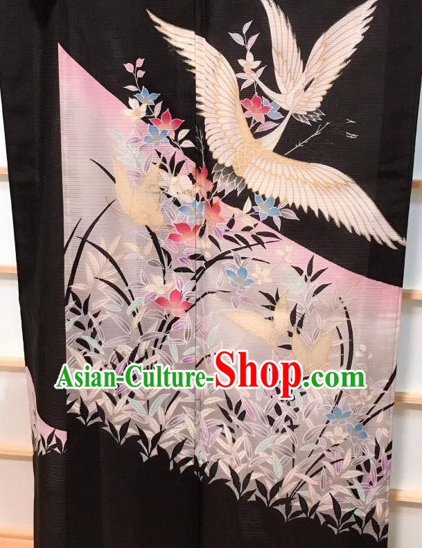 Japanese Classical Printing Crane Black Kurotomesode Kimono Japan Traditional Yukata Dress Costume for Women