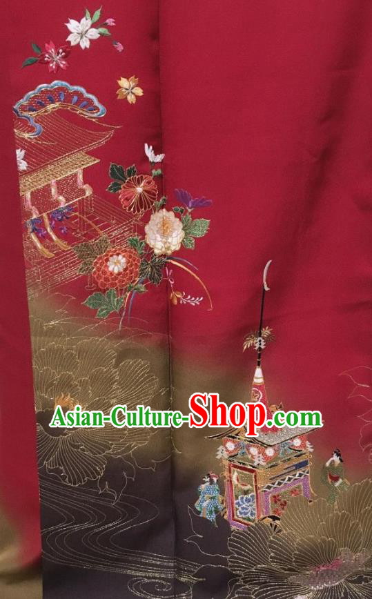 Traditional Japanese Geisha Embroidered Red Furisode Kimono Japan Yukata Dress Costume for Women
