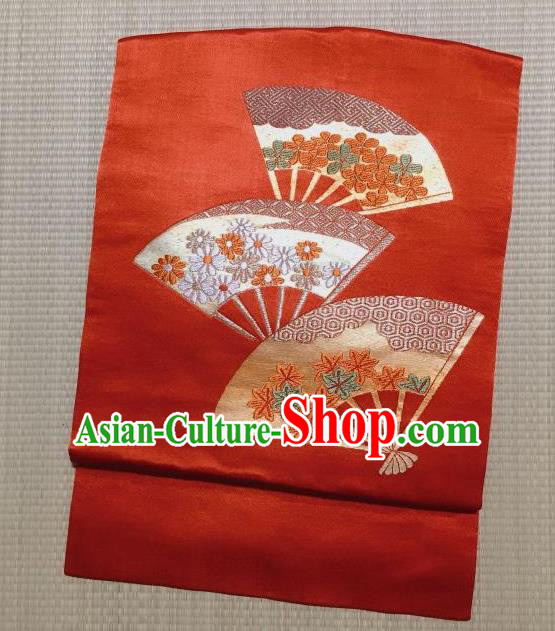 Japanese Nagoya Traditional Embroidered Fan Red Brocade Waistband Japan Kimono Yukata Belt for Women