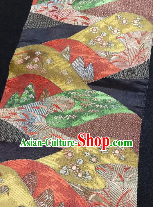 Japanese Nagoya Traditional Embroidered Black Brocade Waistband Japan Kimono Yukata Belt for Women