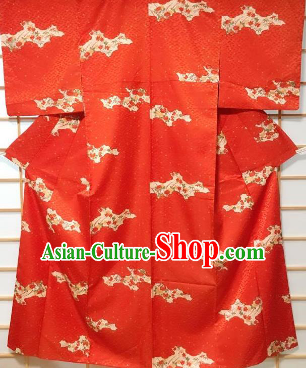 Japanese Traditional Cloud Peony Pattern Orange Edo Komon Kimono Japan Yukata Dress Costume for Women