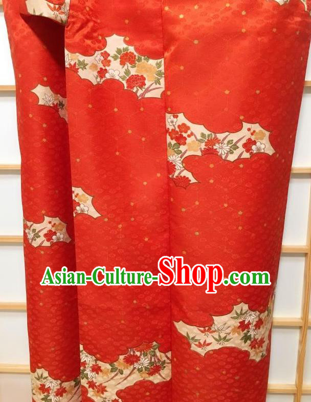Japanese Traditional Cloud Peony Pattern Orange Edo Komon Kimono Japan Yukata Dress Costume for Women