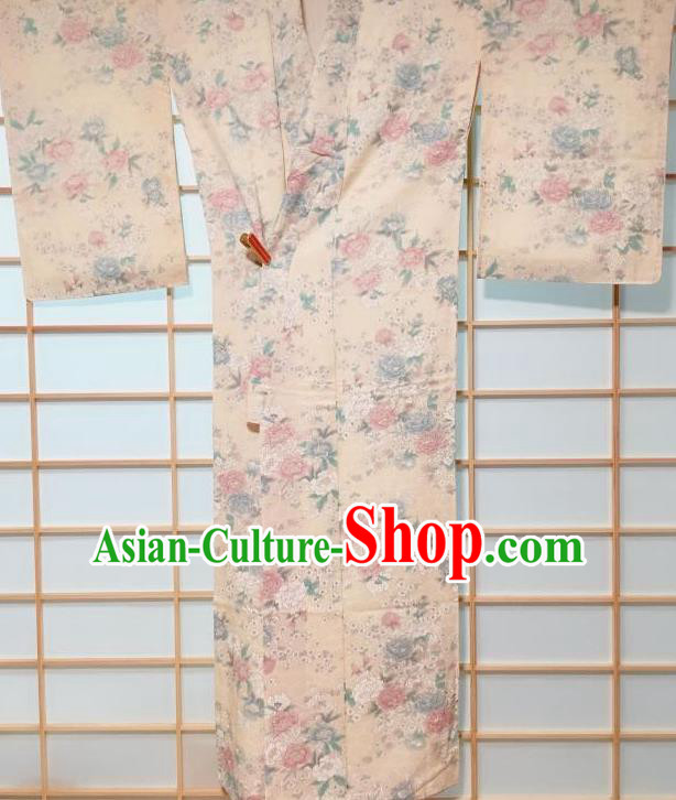 Japanese Traditional Peony Pattern Beige Edo Komon Kimono Japan Yukata Dress Costume for Women