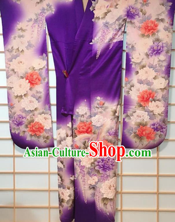 Japanese Traditional Peony Pattern Purple Furisode Kimono Japan Yukata Dress Costume for Women