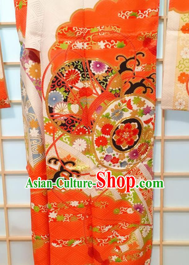 Japanese Traditional Embroidered Pattern Orange Silk Furisode Kimono Japan Yukata Dress Costume for Women