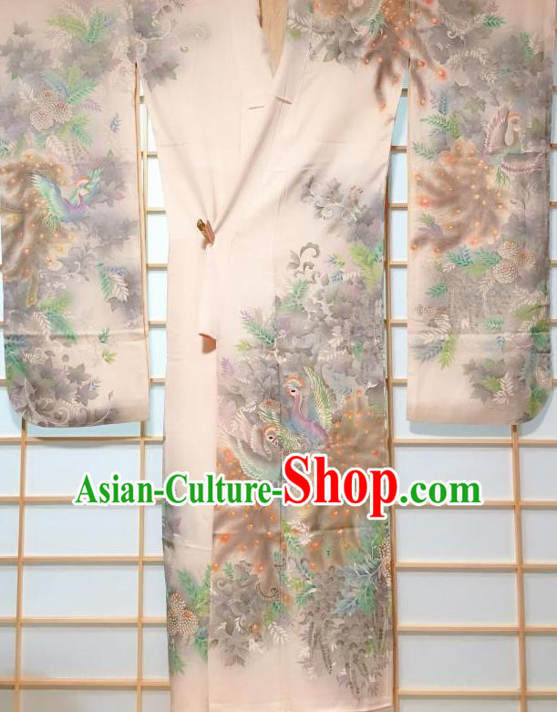 Japanese Classical Printing Peacock White Furisode Kimono Japan Traditional Yukata Dress Costume for Women