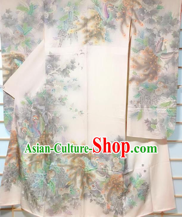 Japanese Classical Printing Peacock White Furisode Kimono Japan Traditional Yukata Dress Costume for Women