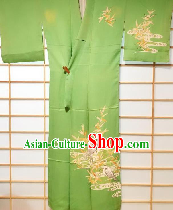 Japanese Classical Printing Egret Green Tsukesage Kimono Japan Traditional Yukata Dress Costume for Women