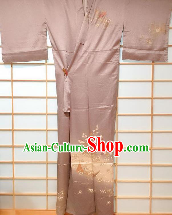 Japanese Classical Printing Camellia Lilac Tsukesage Kimono Japan Traditional Yukata Dress Costume for Women