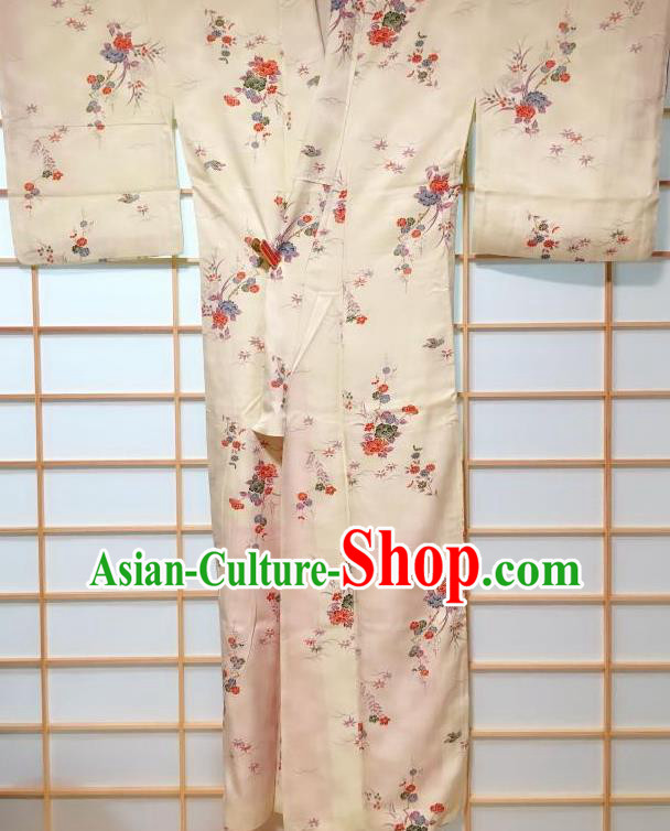 Japanese Classical Printing Peony Beige Tsukesage Kimono Japan Traditional Yukata Dress Costume for Women