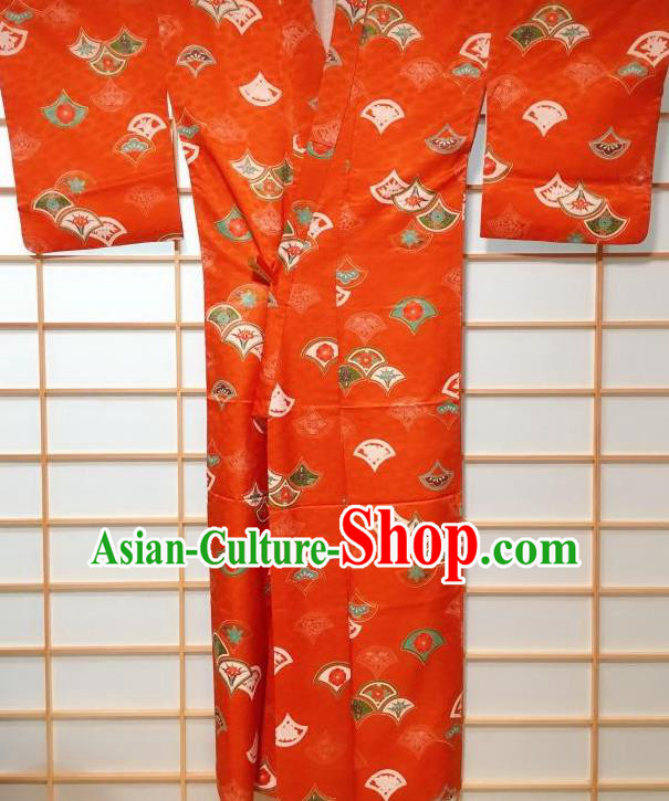 Japanese Classical Printing Chrysanthemum Orange Tsukesage Kimono Japan Traditional Yukata Dress Costume for Women
