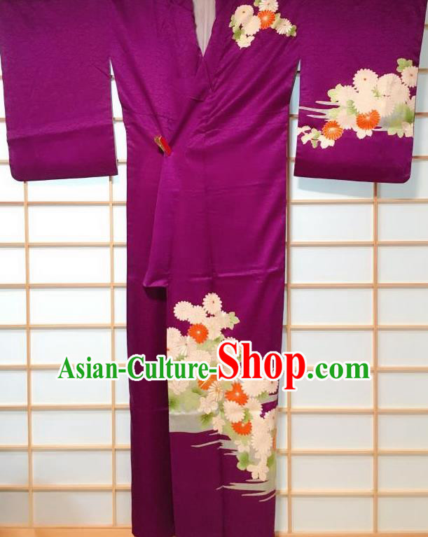 Japanese Classical Embroidered Chrysanthemum Pattern Purple Tsukesage Kimono Japan Traditional Yukata Dress Costume for Women