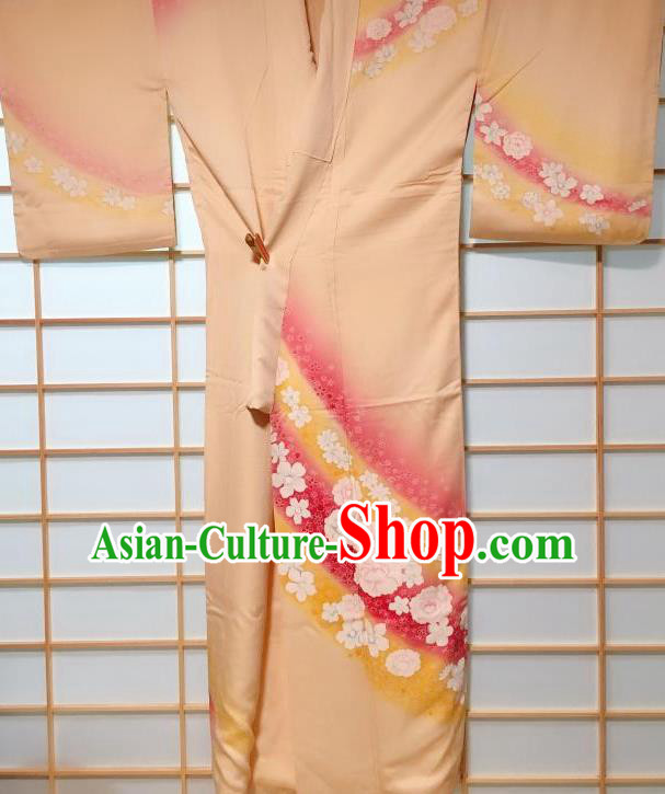 Japanese Classical Sakura Pattern Apricot Kimono Japan Traditional Yukata Dress Costume for Women