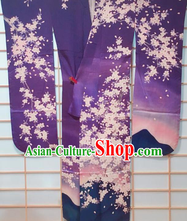 Japanese Classical Sakura Pattern Purple Furisode Kimono Japan Traditional Yukata Dress Costume for Women