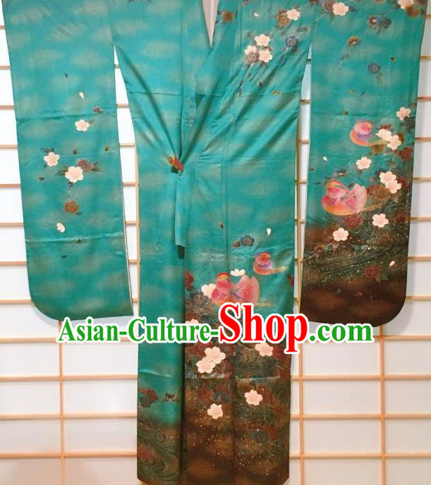 Traditional Japanese Green Furisode Kimono Japan Classical Mandarin Duck Pattern Yukata Dress Costume for Women