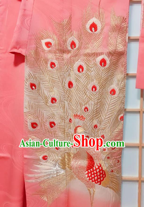 Traditional Japanese Pink Furisode Kimono Japan Classical Peacock Pattern Yukata Dress Costume for Women