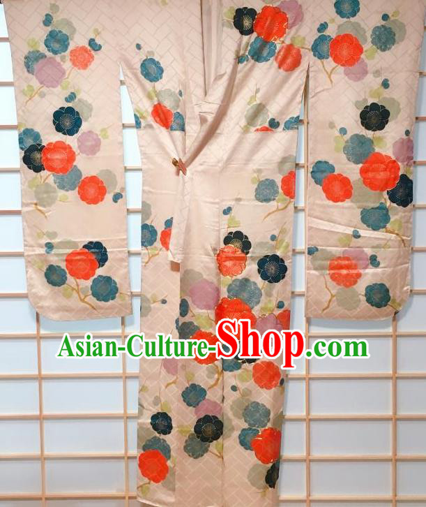 Traditional Japanese Beige Furisode Kimono Japan Classical Plum Blossom Pattern Yukata Dress Costume for Women