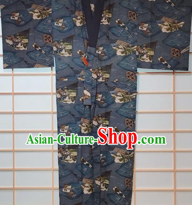Traditional Japanese Ukiyoe Pattern Navy Hanten Kimono Japan Yukata Costume for Men