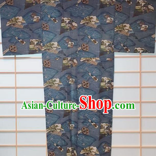 Traditional Japanese Ukiyoe Pattern Navy Hanten Kimono Japan Yukata Costume for Men