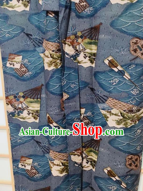 Traditional Japanese Ukiyoe Pattern Navy Hanten Kimono Japan Yukata Costume for Men