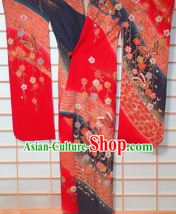 Traditional Japanese Red Furisode Kimono Japan Classical Sakura Butterfly Pattern Yukata Dress Costume for Women