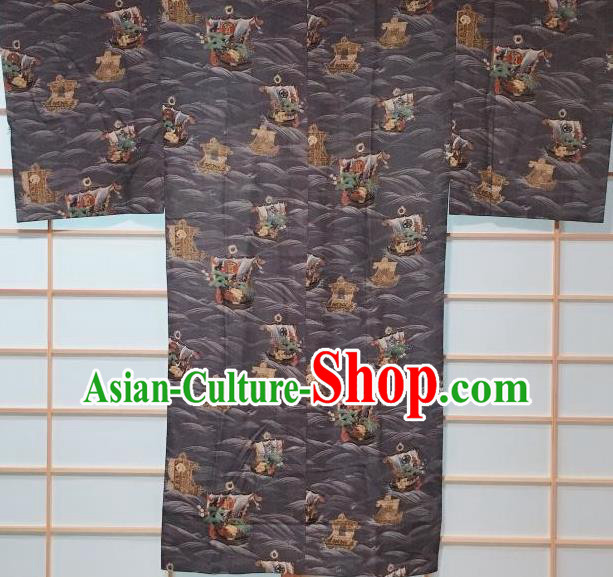 Traditional Japanese Wave Boat Pattern Grey Hanten Kimono Japan Yukata Costume for Men