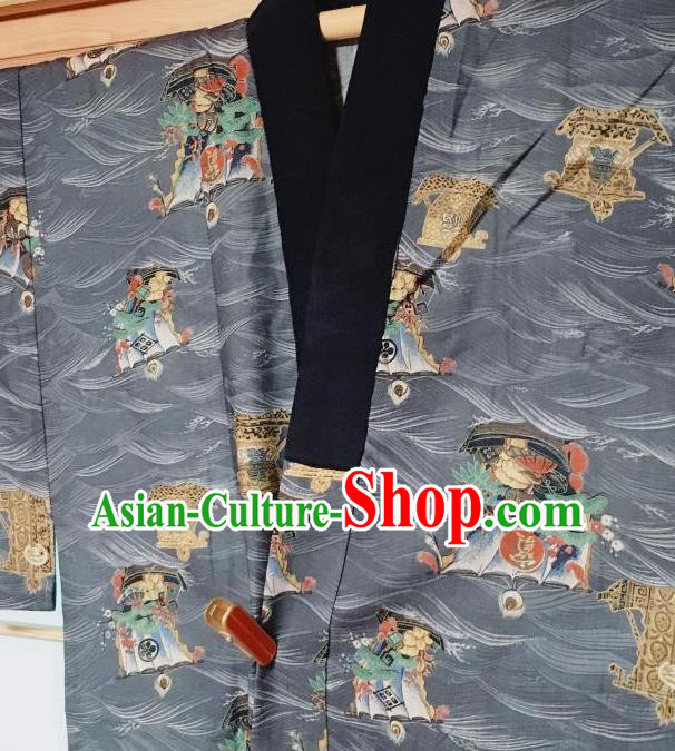 Traditional Japanese Wave Boat Pattern Grey Hanten Kimono Japan Yukata Costume for Men