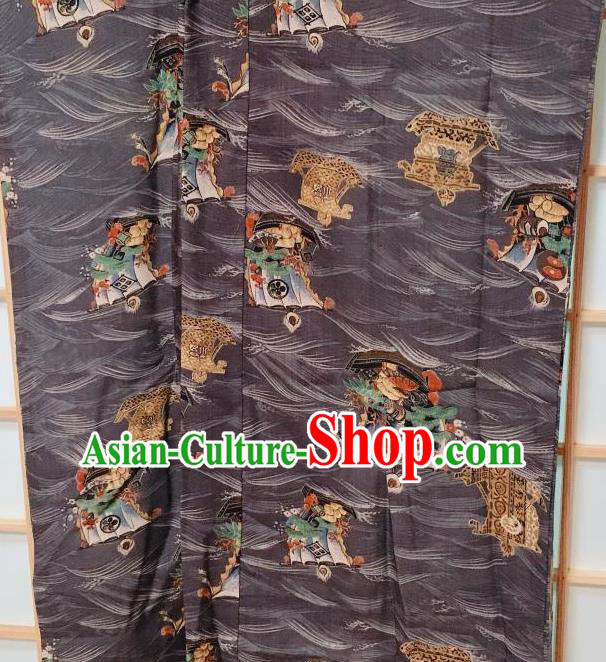 Traditional Japanese Wave Boat Pattern Grey Hanten Kimono Japan Yukata Costume for Men