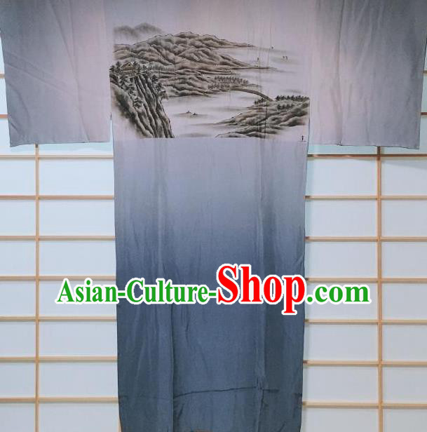 Traditional Japanese Landscape Pattern Navy Hanten Kimono Japan Yukata Costume for Men