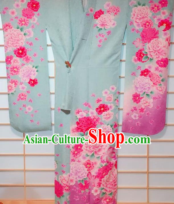 Japanese Classical Peony Pattern Blue Furisode Kimono Japan Traditional Yukata Dress Costume for Women
