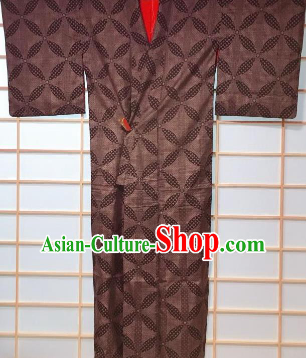 Japanese Classical Auspicious Pattern Brown Edo Komon Kimono Japan Traditional Yukata Dress Costume for Women