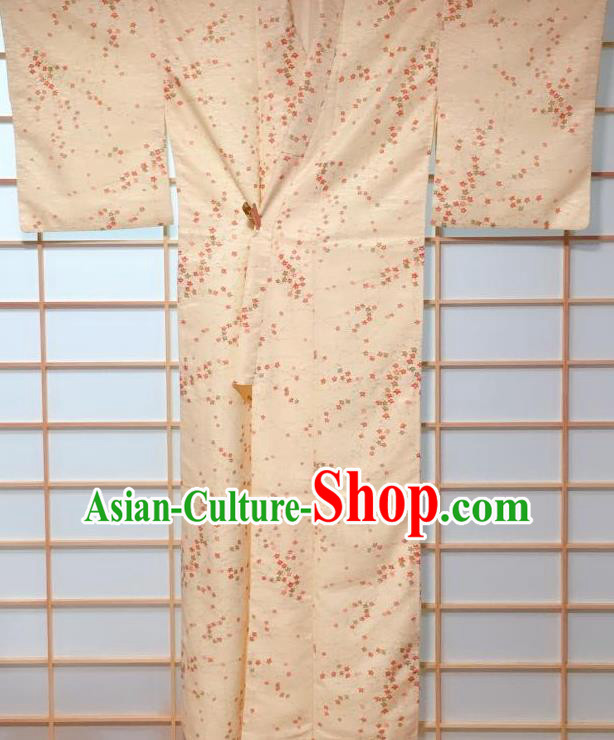 Traditional Japanese Beige Kimono Japan Classical Flowers Pattern Yukata Dress Costume for Women