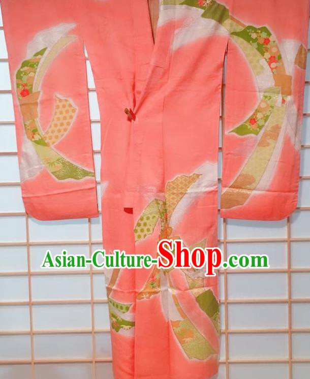 Traditional Japanese Pink Furisode Kimono Japan Classical Auspicious Pattern Yukata Dress Costume for Women