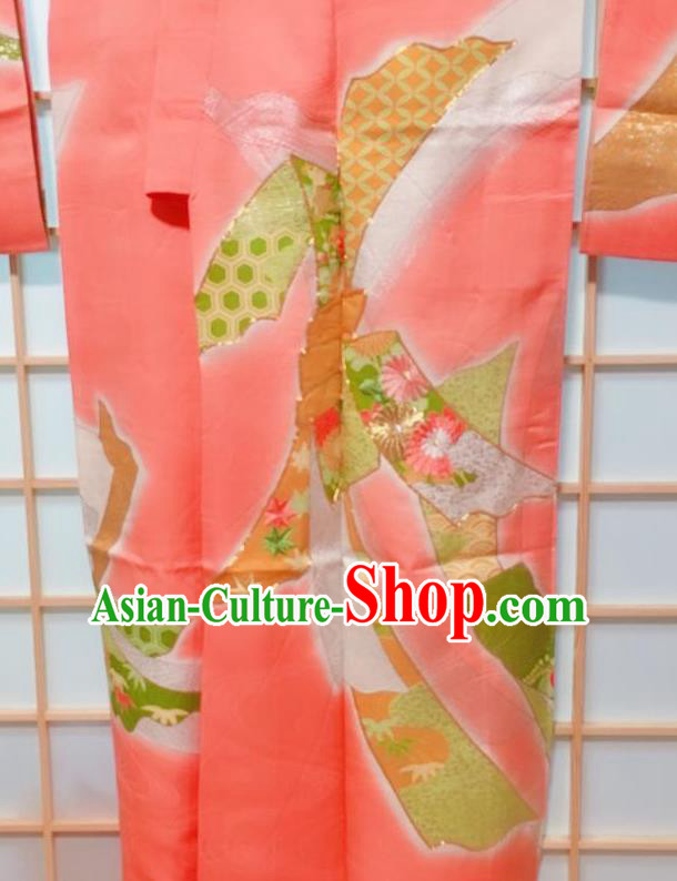 Traditional Japanese Pink Furisode Kimono Japan Classical Auspicious Pattern Yukata Dress Costume for Women
