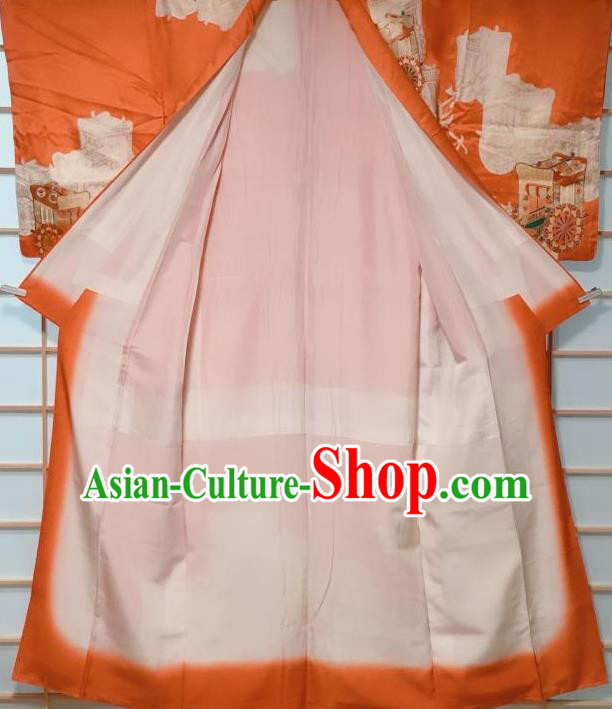 Traditional Japanese Orange Tsukesage Kimono Japan Classical Gharry Pattern Yukata Dress Costume for Women