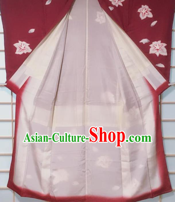 Traditional Japanese Wine Red Tsukesage Kimono Japan Classical Lily Flowers Pattern Yukata Dress Costume for Women